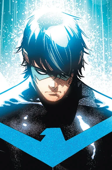 Nightwing com máscara preta e uniforme azul no retrato oficial da DC