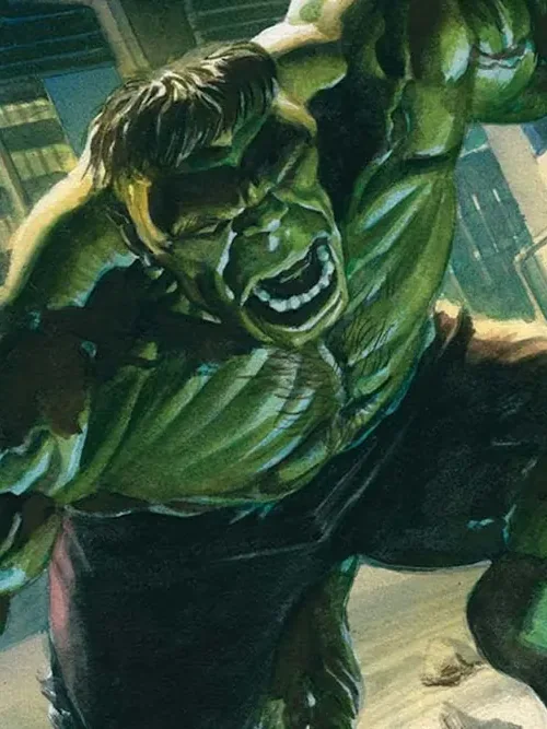 Hulk avançando entre edifícios no masthead oficial da Marvel