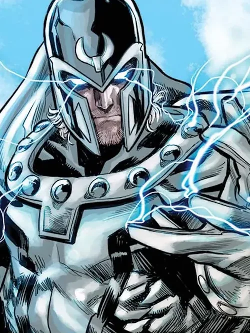 Magneto de capacete e armadura branca entre raios azuis