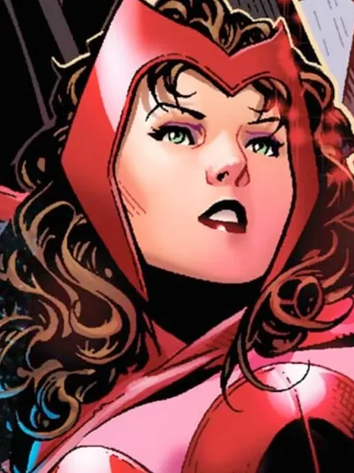 Scarlet Witch com traje vermelho no masthead oficial da Marvel