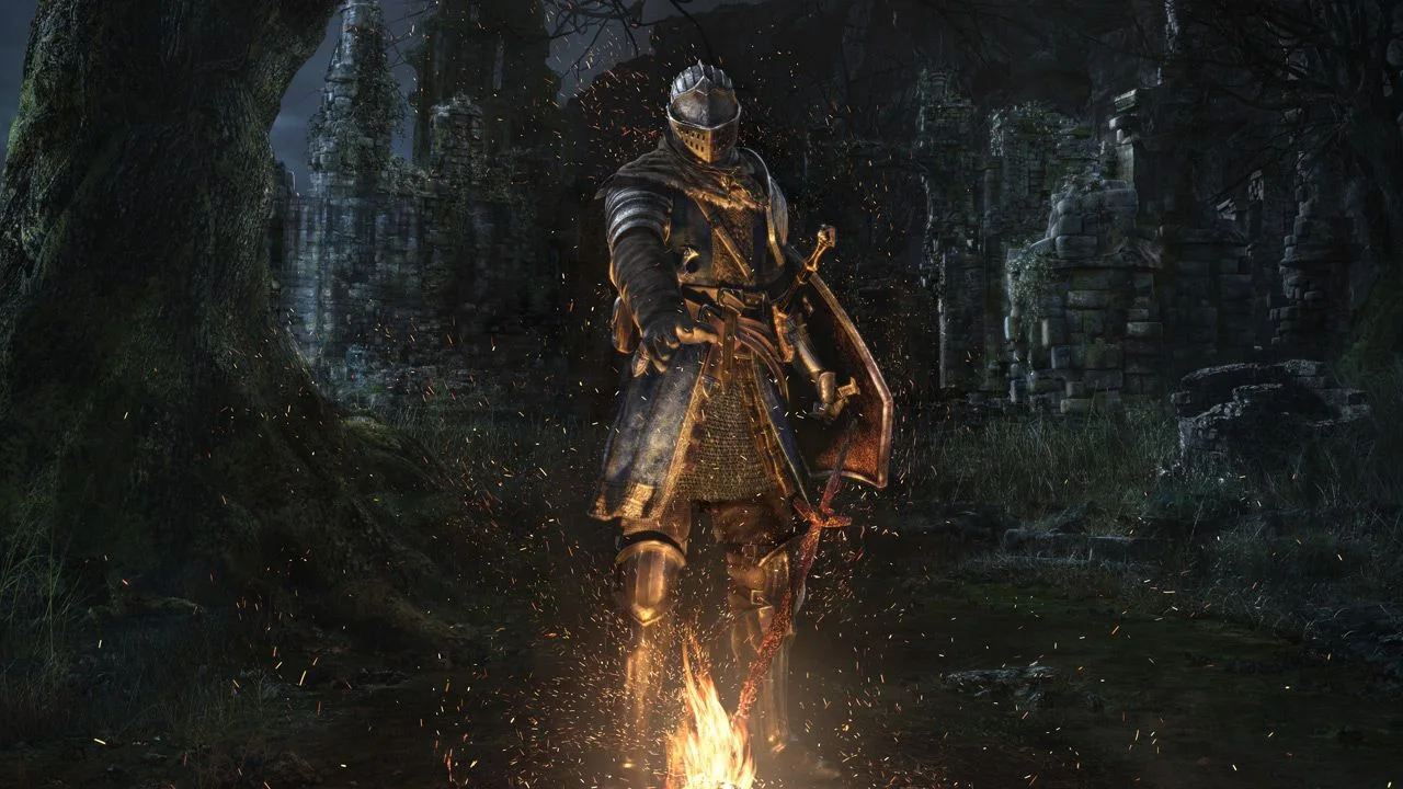 Arte de Dark Souls Remastered, com um guerreiro junto à fogueira.