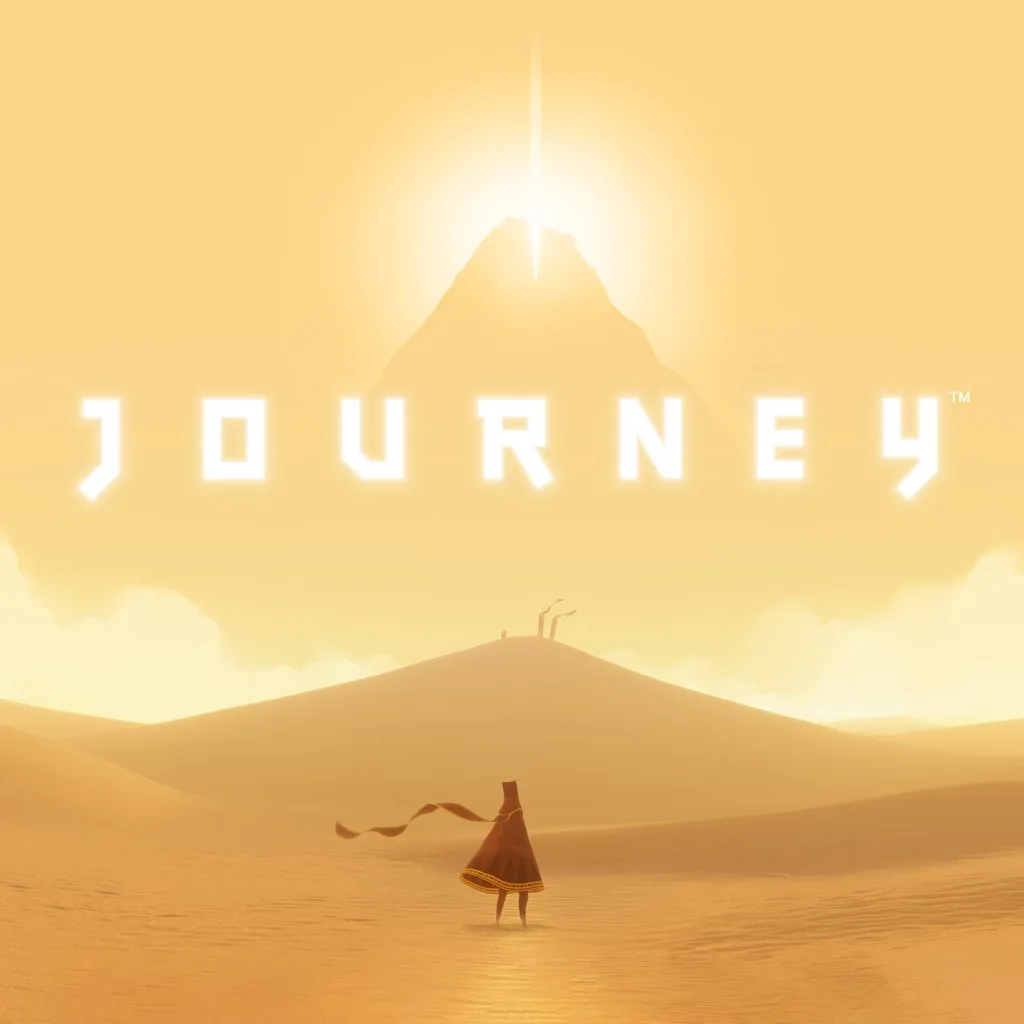 Arte de Journey, com uma figura caminhando pelas dunas.