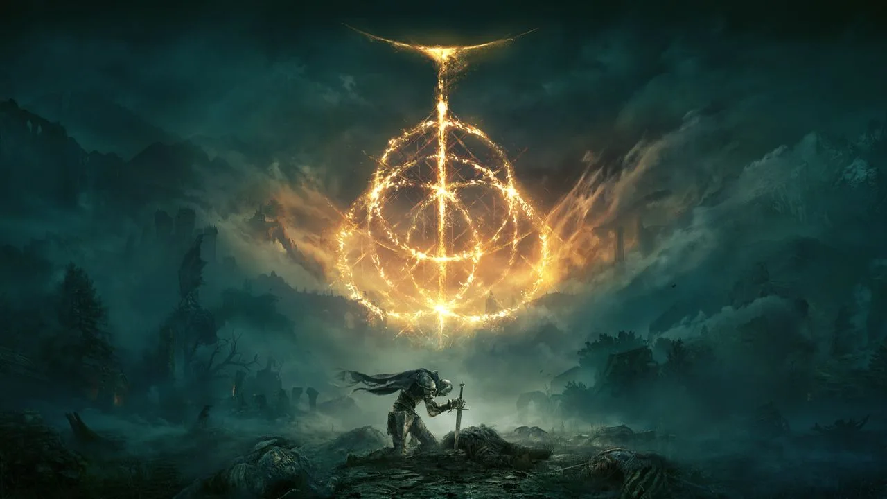 Arte do jogo Elden Ring, com a Erdtree ao fundo.