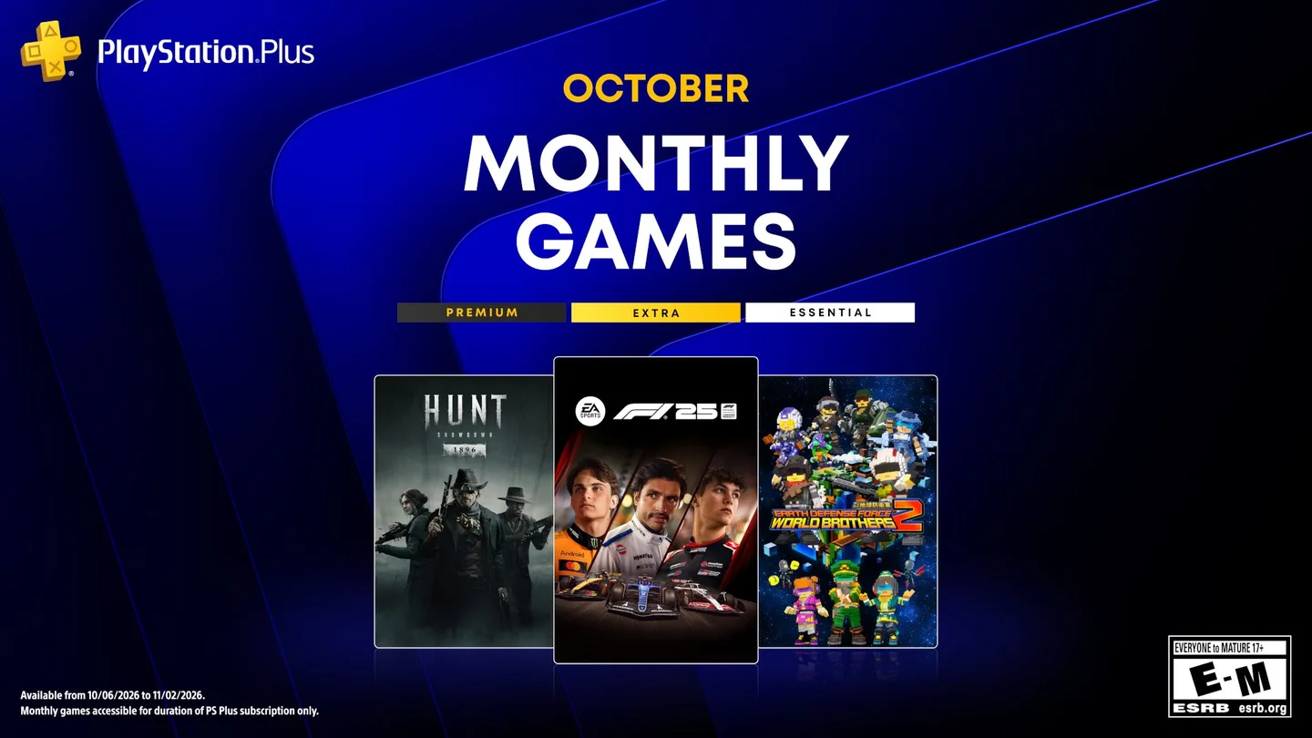Seleção mensal do PlayStation Plus de outubro de 2026: F1 25, Hunt: Showdown 1896 e Earth Defense Force: World Brothers 2.